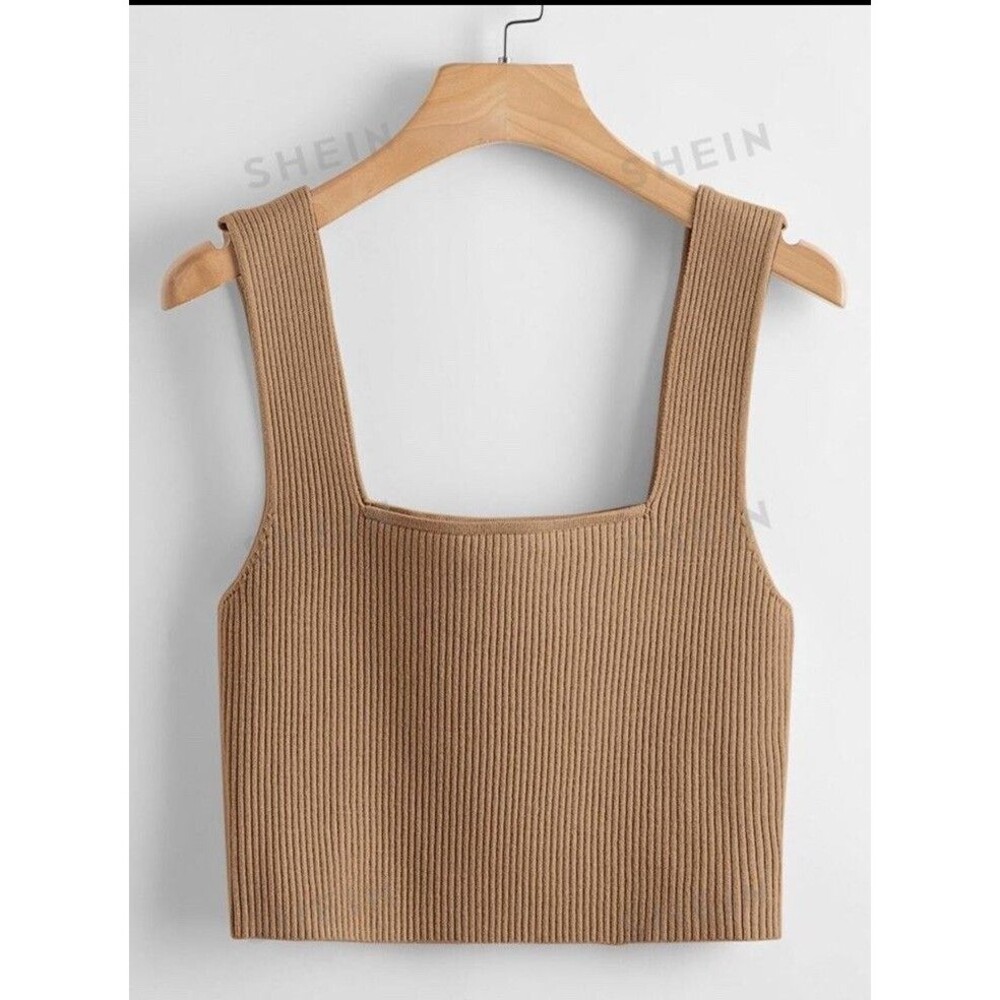 SHEIN Women's M Size 6 Beige Square Neck Sleeveless Knit Crop Top G2